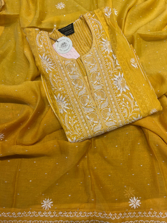 Yellow Ombre Chanderi Mul Chikankari Kurta and Dupatta