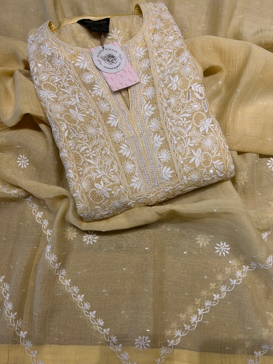 Butter Yellow Chanderi Mul Chikankari Kurta and Dupatta