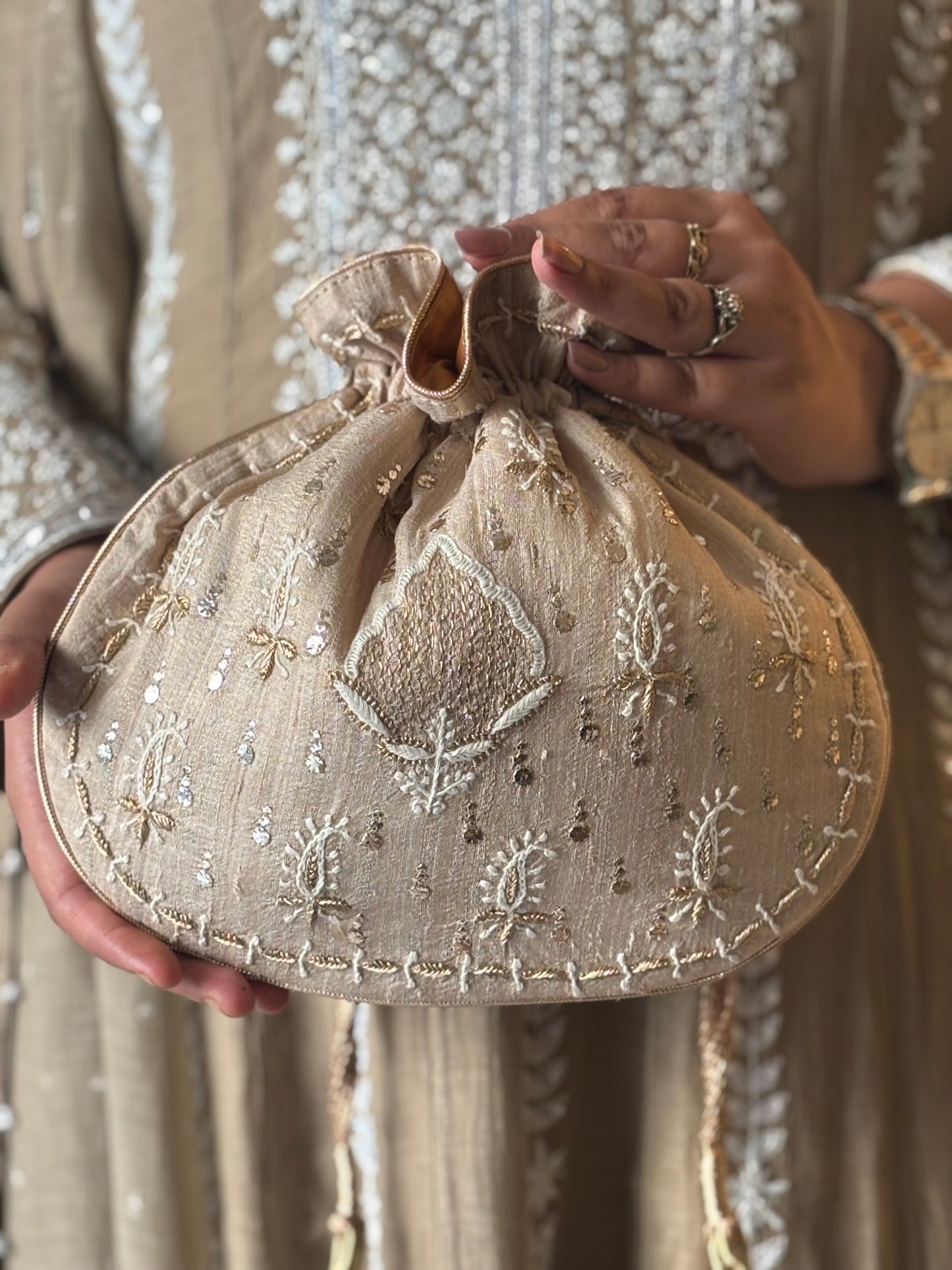 Beige Silk Chikankari and Mukaish Batua