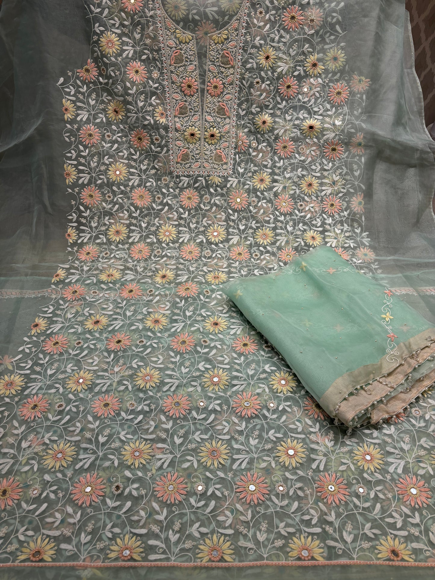 Sea Green Organza Silk Chikankari Kurta and Dupatta Fabric