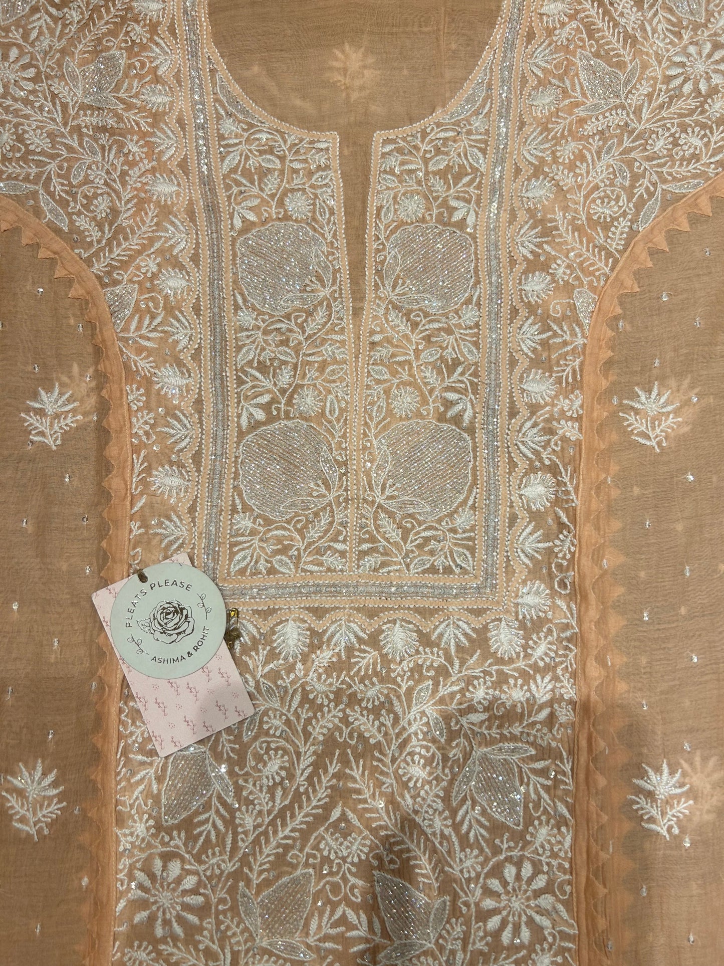 Peach Chanderi Mul Chikankari Kurta and Dupatta