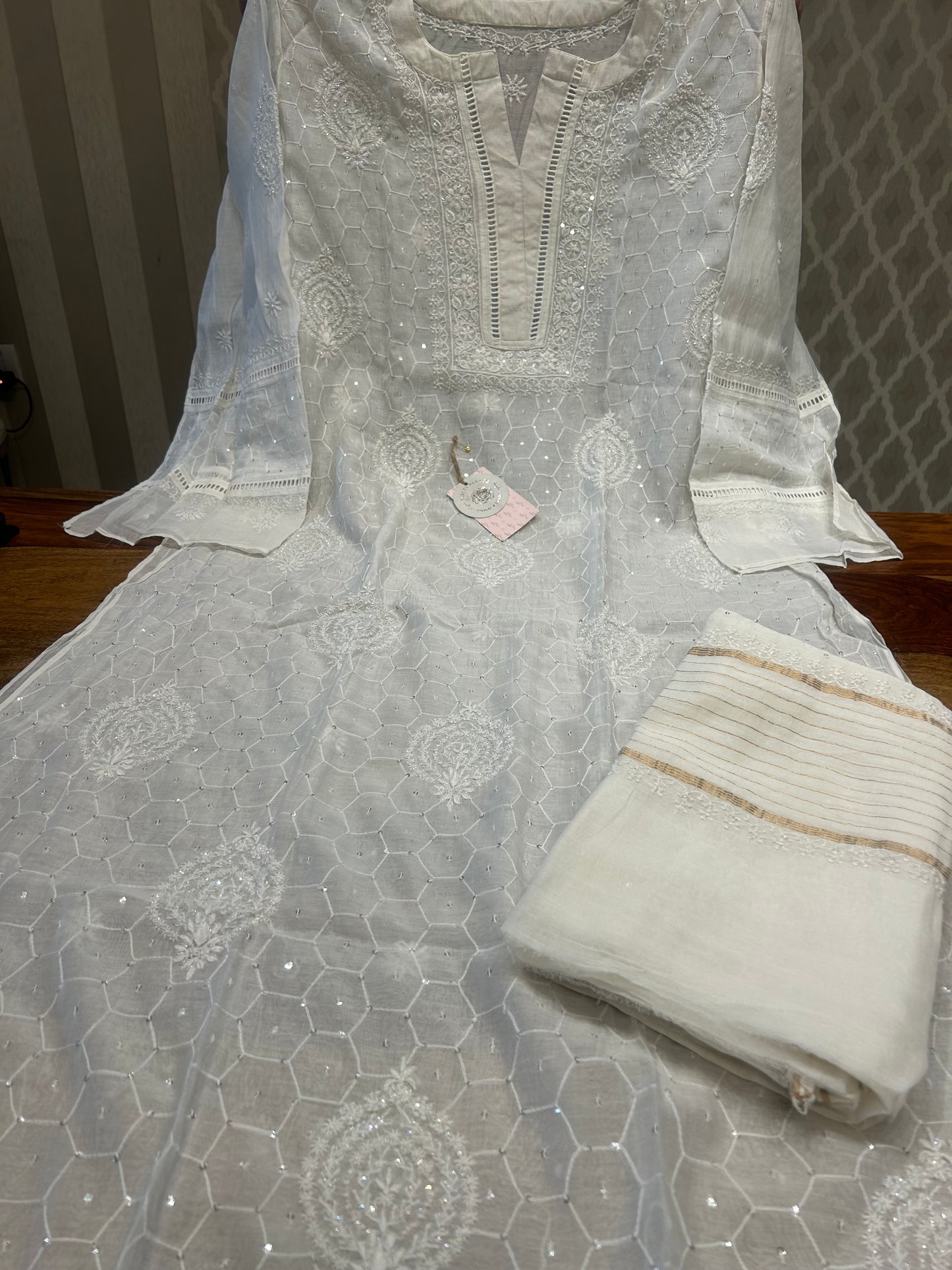 Dyeable Chanderi mul Chikankari Kurta and Dupatta Fabric