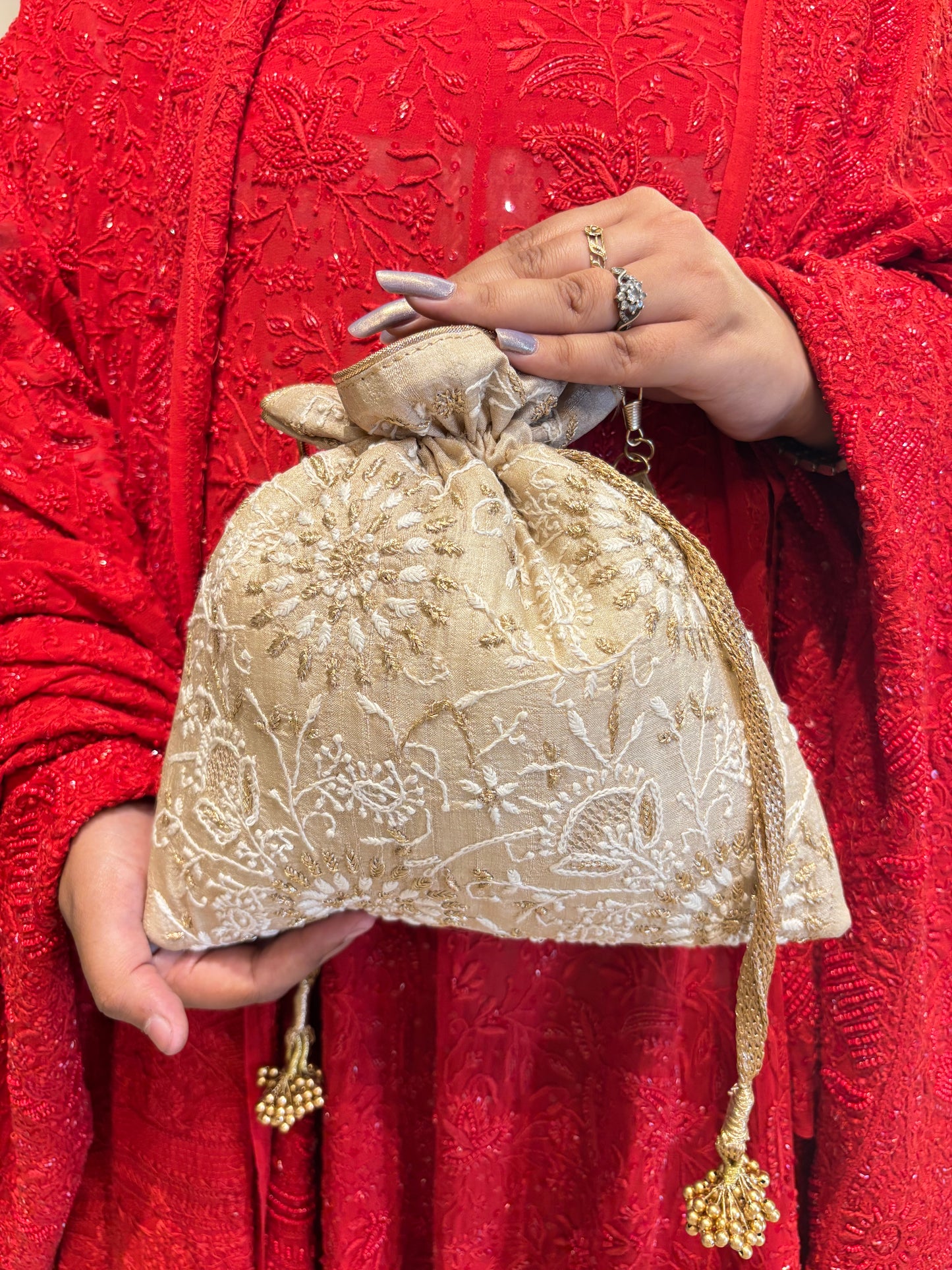 Beige Silk Chikankari Potli