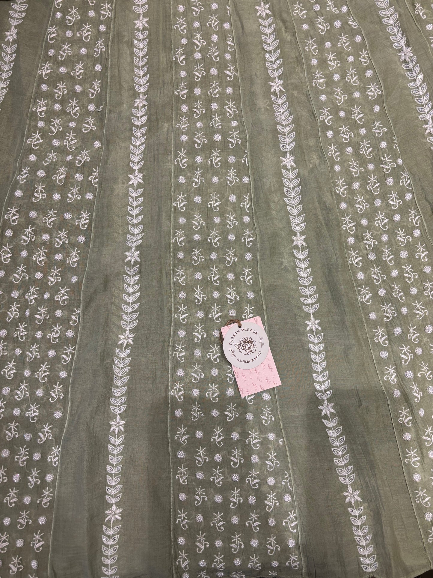 Pastel Olive Chanderi Mul Chikankari Anarkali and Dupatta