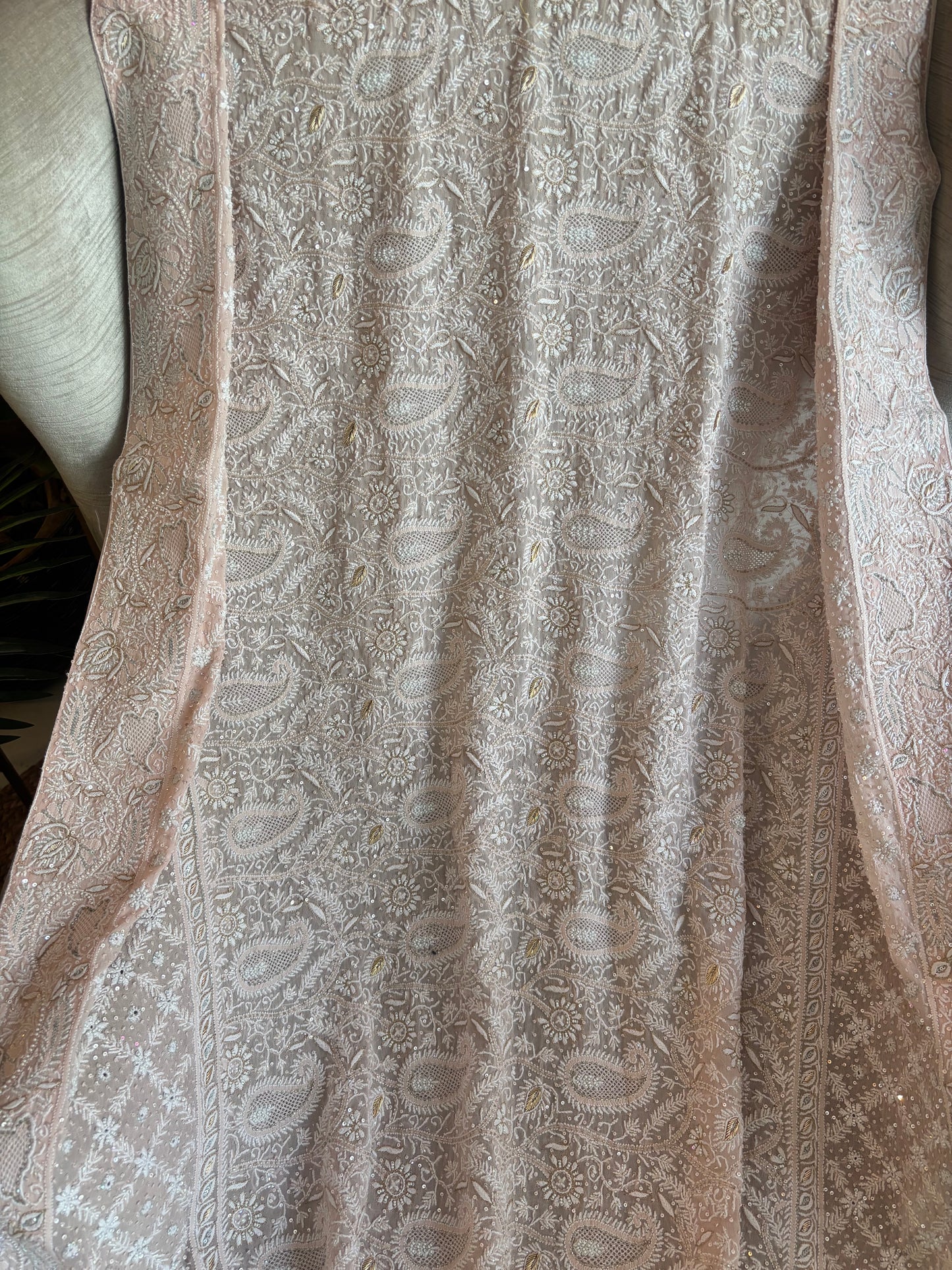 Dusty Peach Pure Georgette Chikankari Lehenga
