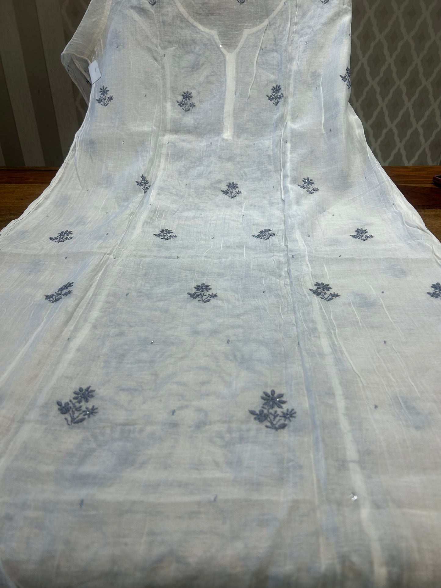 White Chanderi Mul Chikankari Kurta and Dupatta