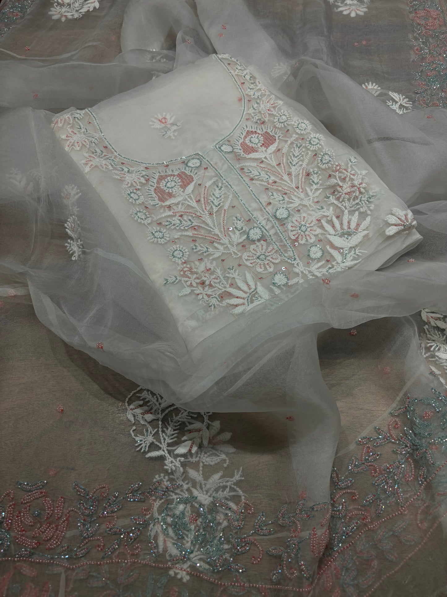 Dyeable Organza Silk Chikankari Kurta and Dupatta Fabric