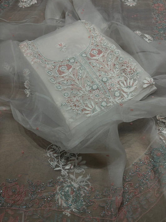 Dyeable Organza Silk Chikankari Kurta and Dupatta Fabric