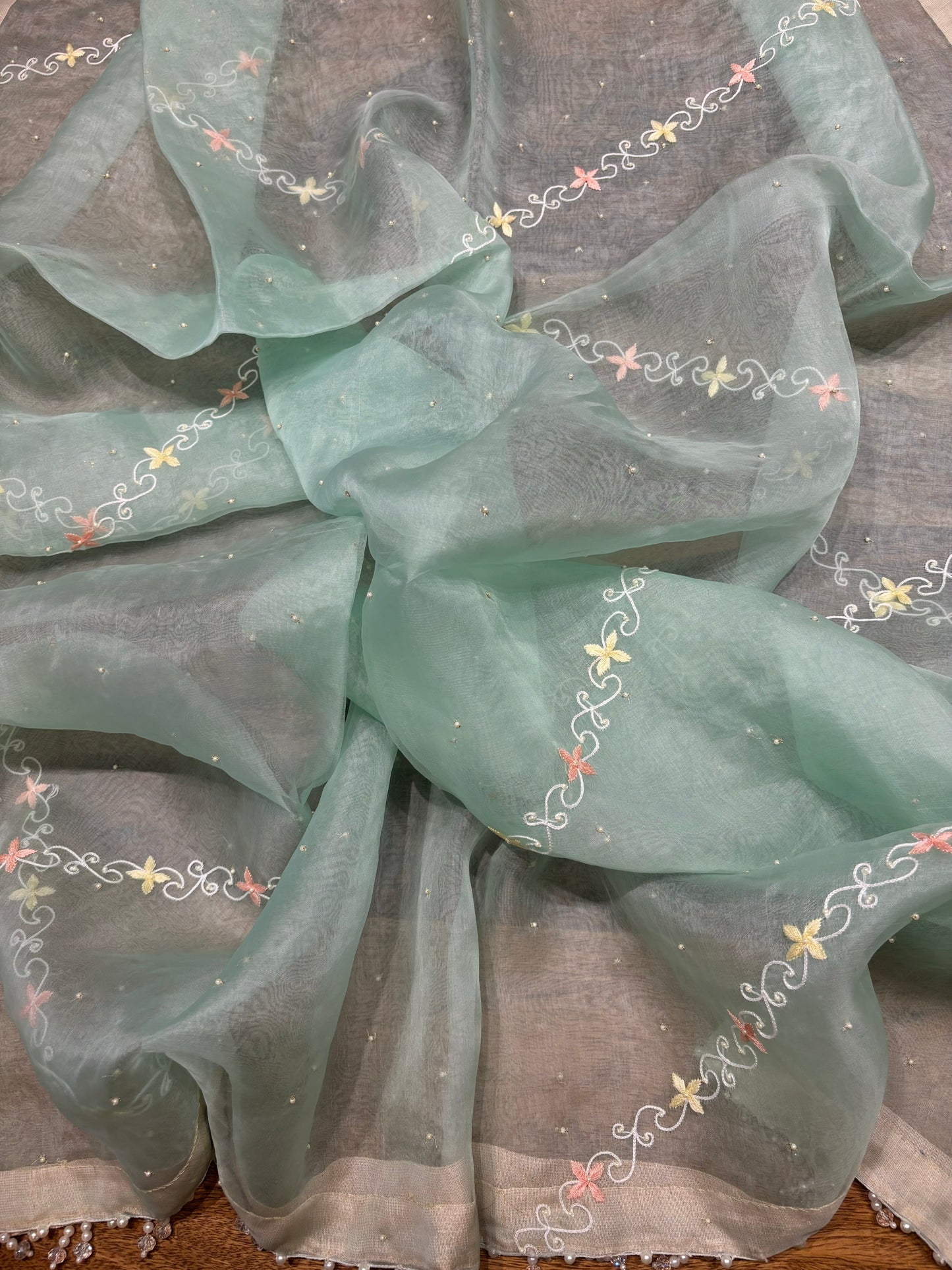 Sea Green Organza Silk Chikankari Kurta and Dupatta Fabric