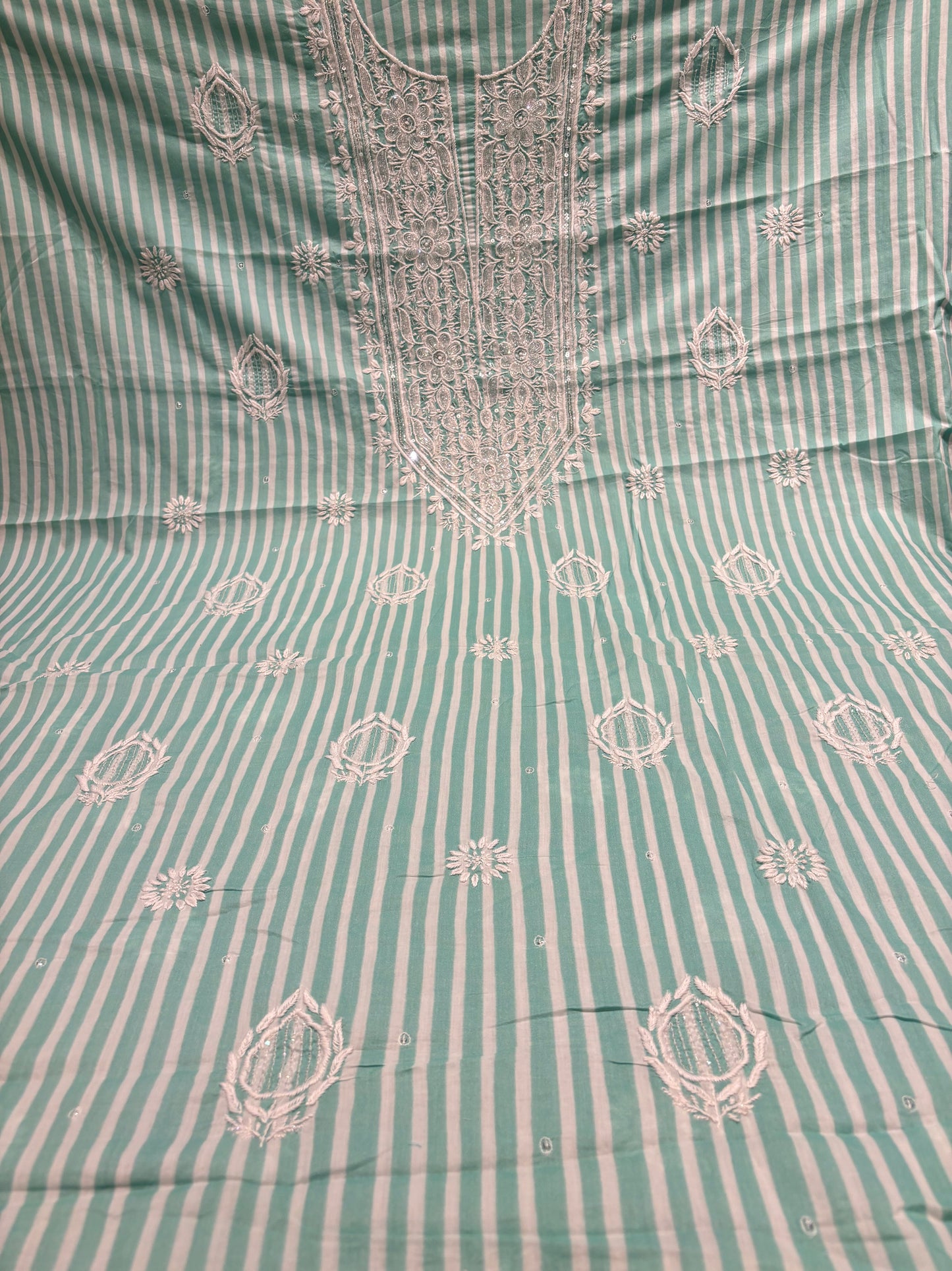 Sea Foam Green Stripe Mul Chikankari Kurta Fabric