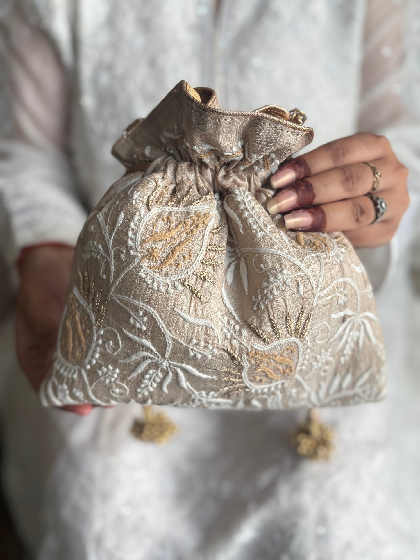 Beige Silk Chikankari Potli