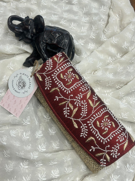 Cranberry Red  Silk Chikankari Clutch Jute  Bag
