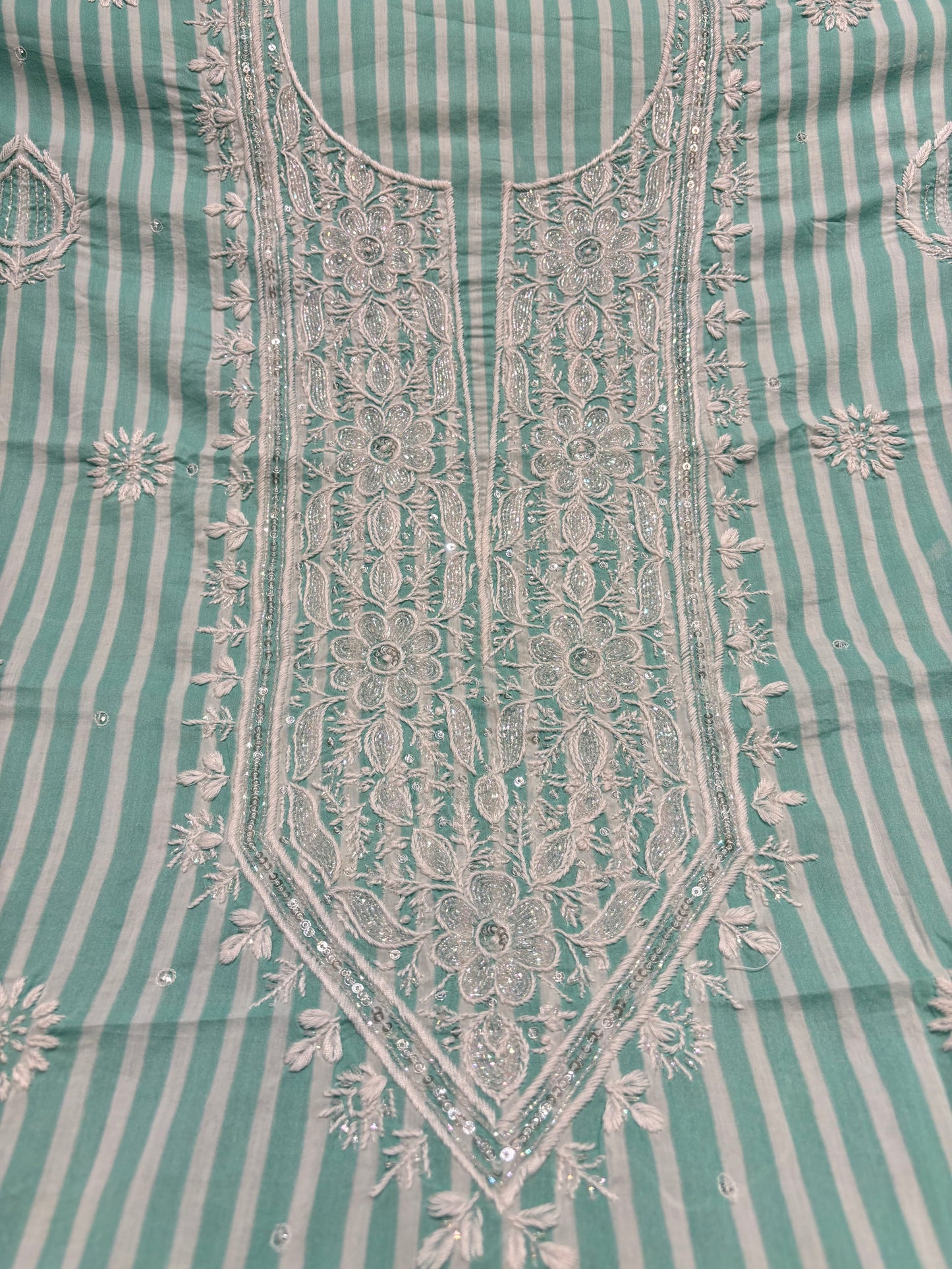 Sea Foam Green Stripe Mul Chikankari Kurta Fabric
