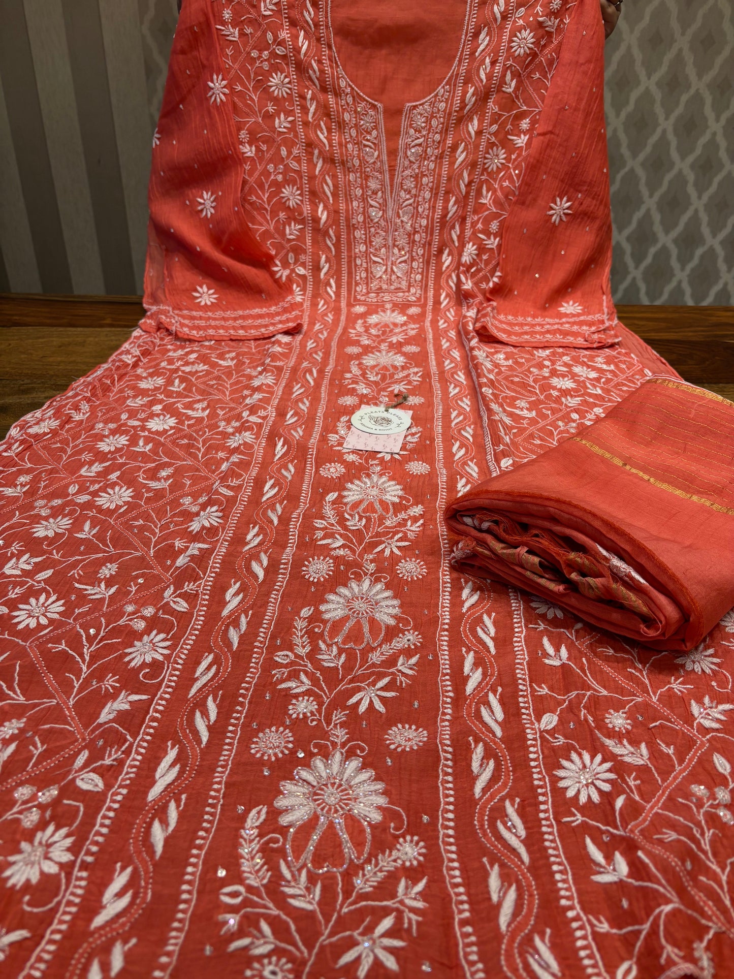 Rust Orange Chanderi Mul Chikankari Kurta And Dupatta Set