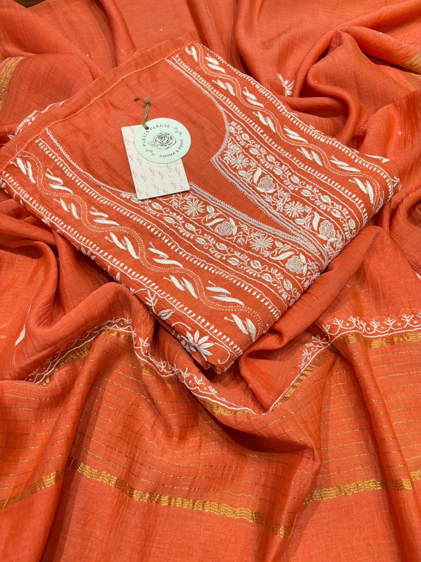 Rust Orange Chanderi Mul Chikankari Kurta And Dupatta Set