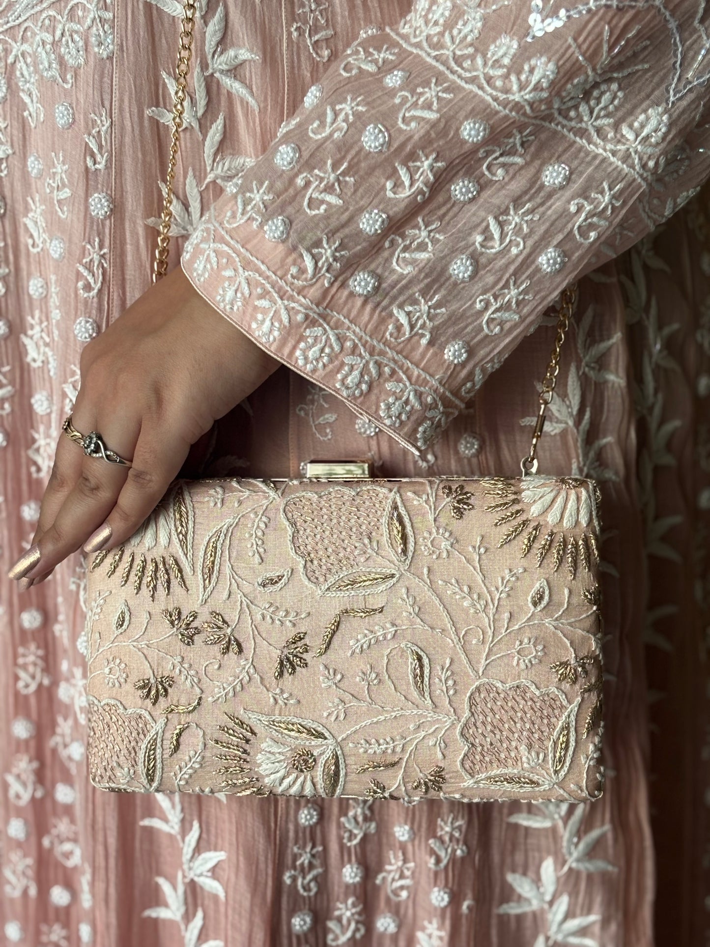 Peach Silk Chikankari Clutch