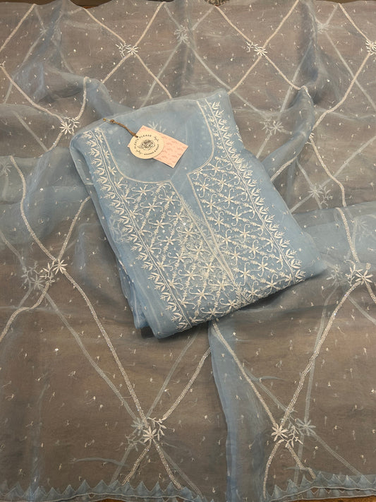 Sky Blue Organza Silk Kurta and Dupatta