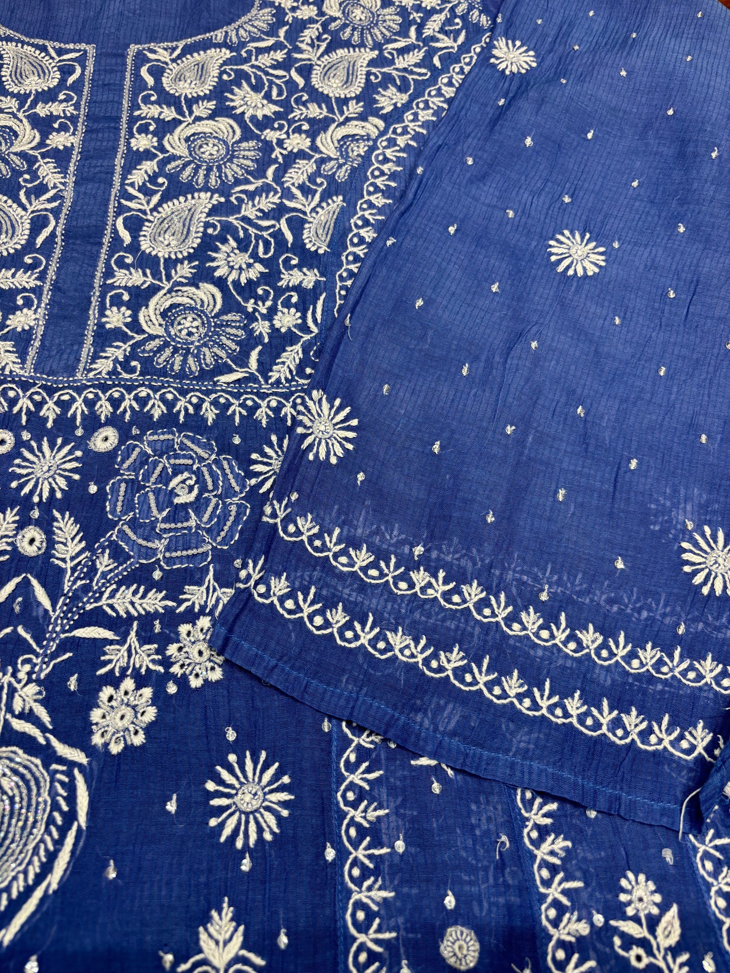 Blue Chanderi Mul Chikankari Anarkali and Dupatta