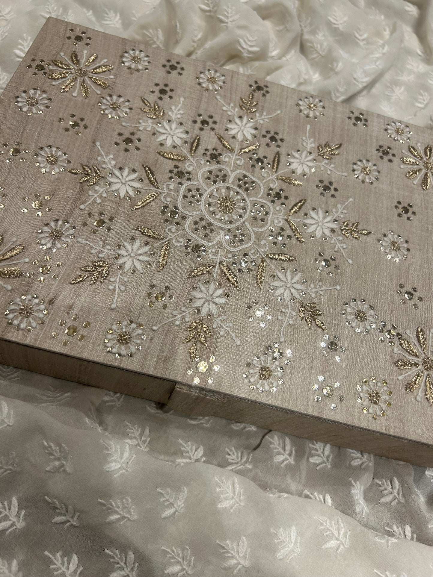 Natural Silk Chikankari Jewelery Box
