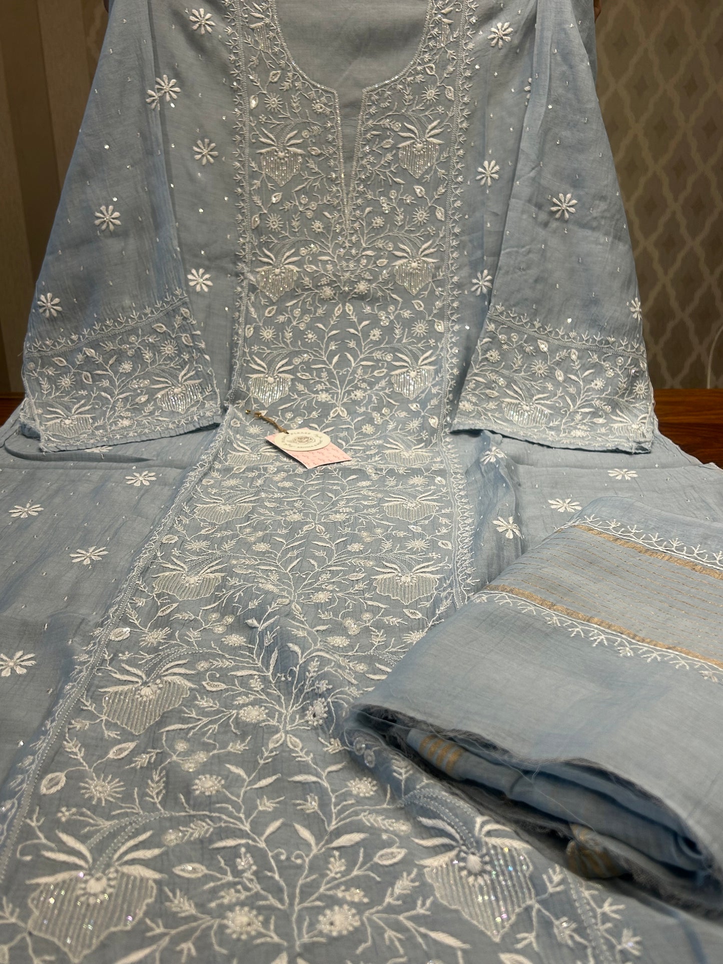 Baby Blue Chanderi Mul Chikankari Kurta and Dupatta