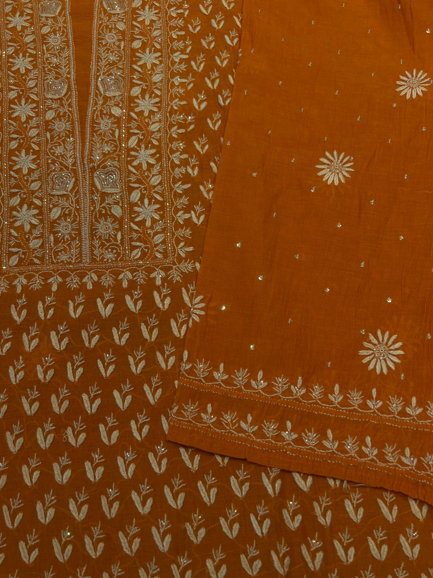 Carrot Orange Chanderi Mul Chikankari Kurta and Dupatta