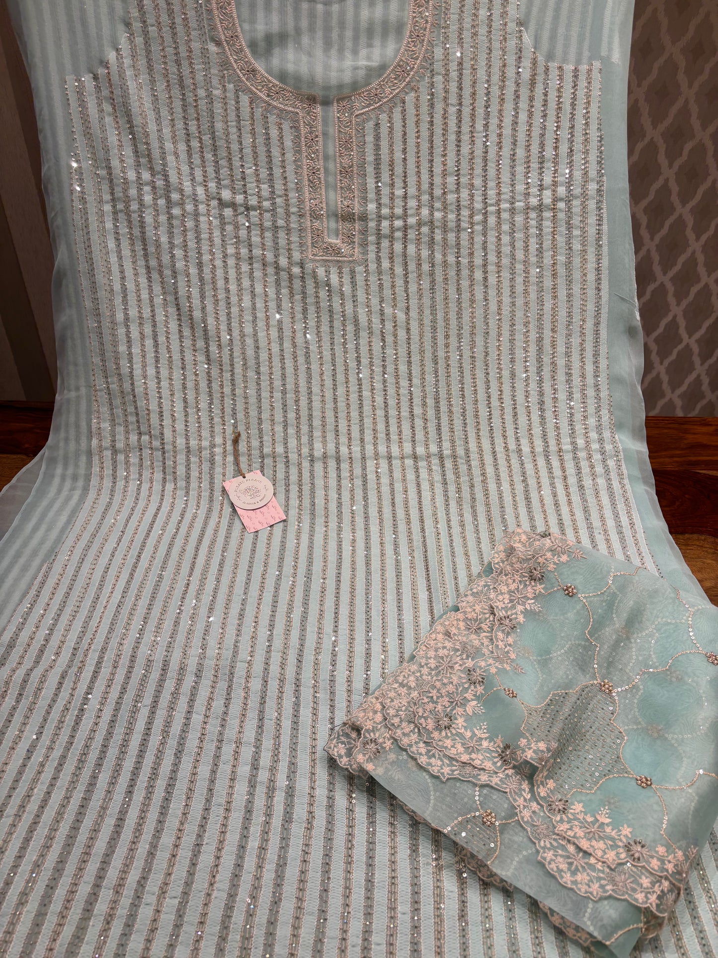 Blue Pure Georgette Chikankari Kurta and Organza Dupatta