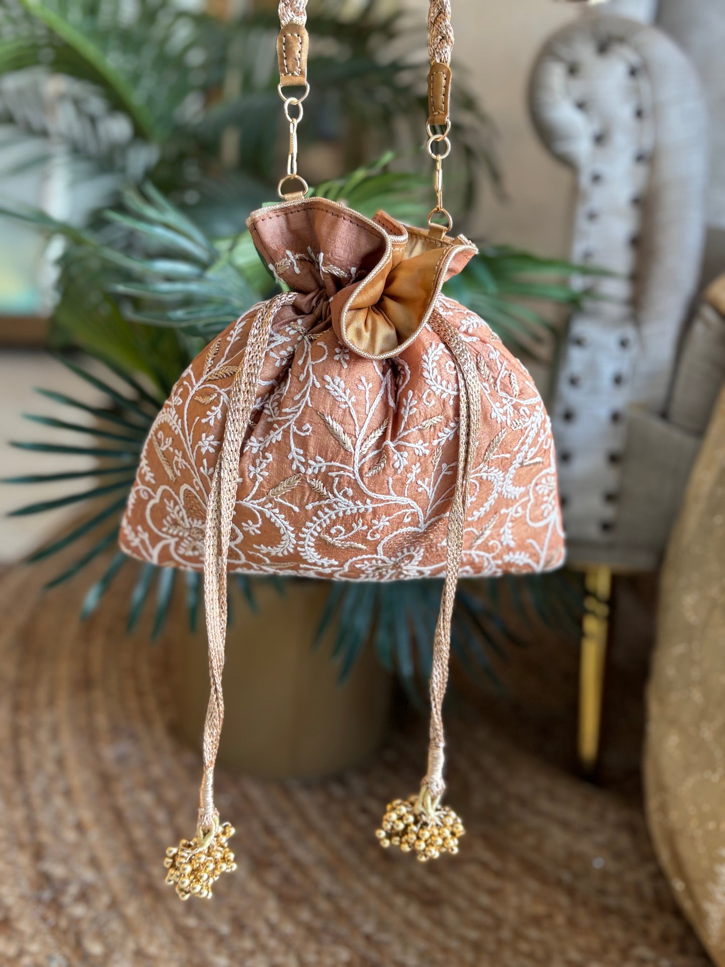 Chocolate Silk Chikankari Potli