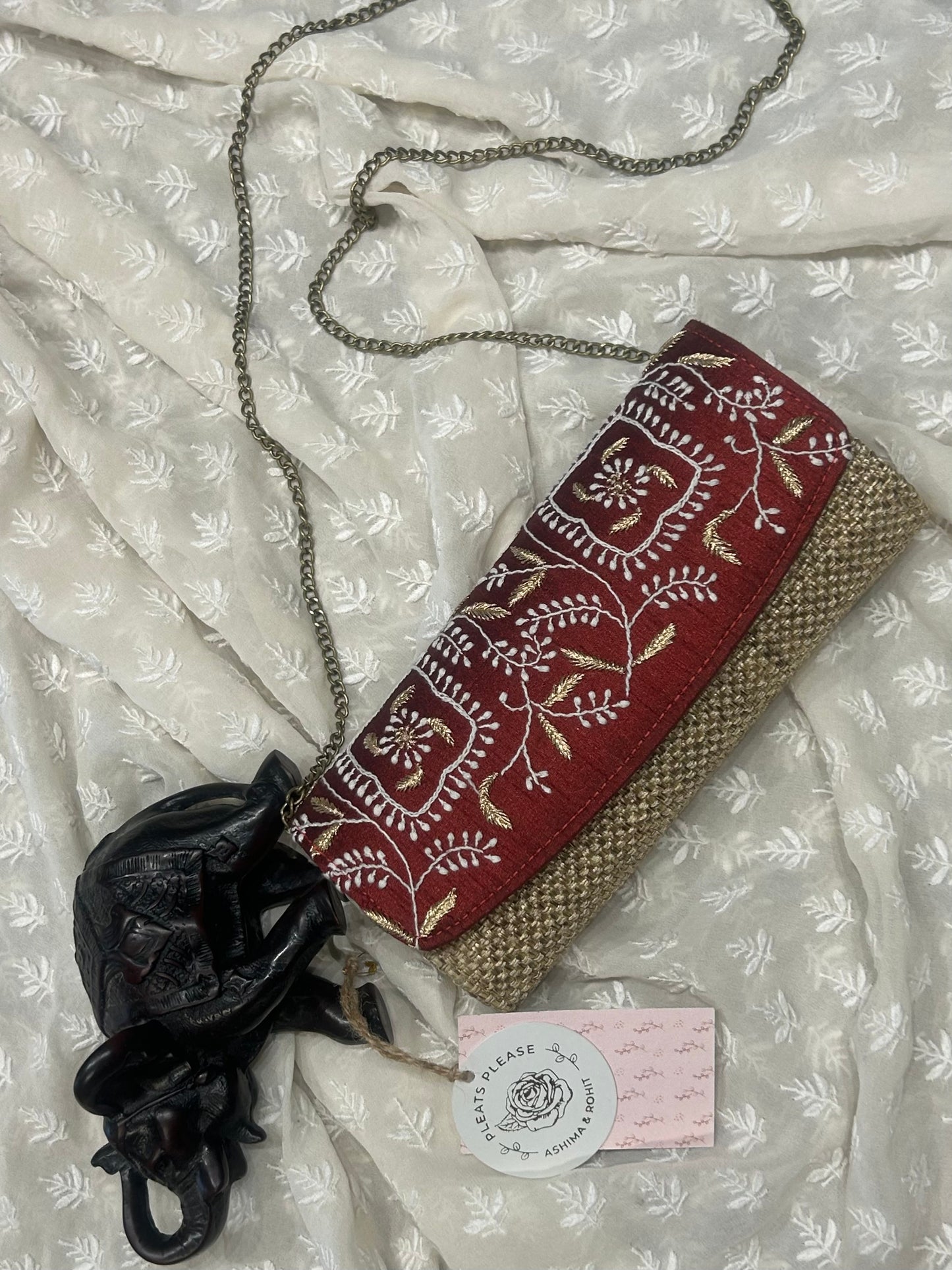 Cranberry Red  Silk Chikankari Clutch Jute  Bag