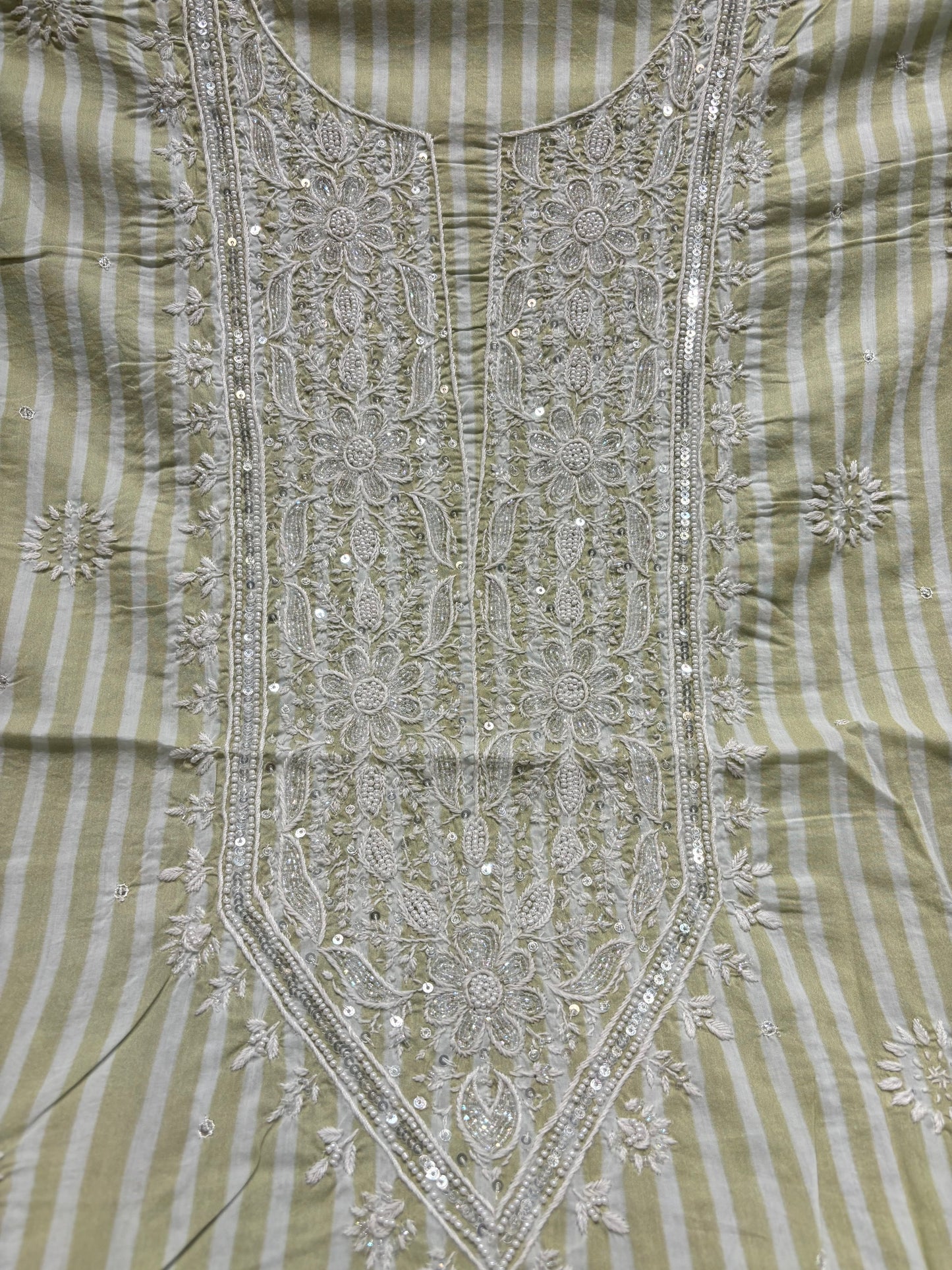 Tea Green Stripe Mul Chikankari Kurta Fabric
