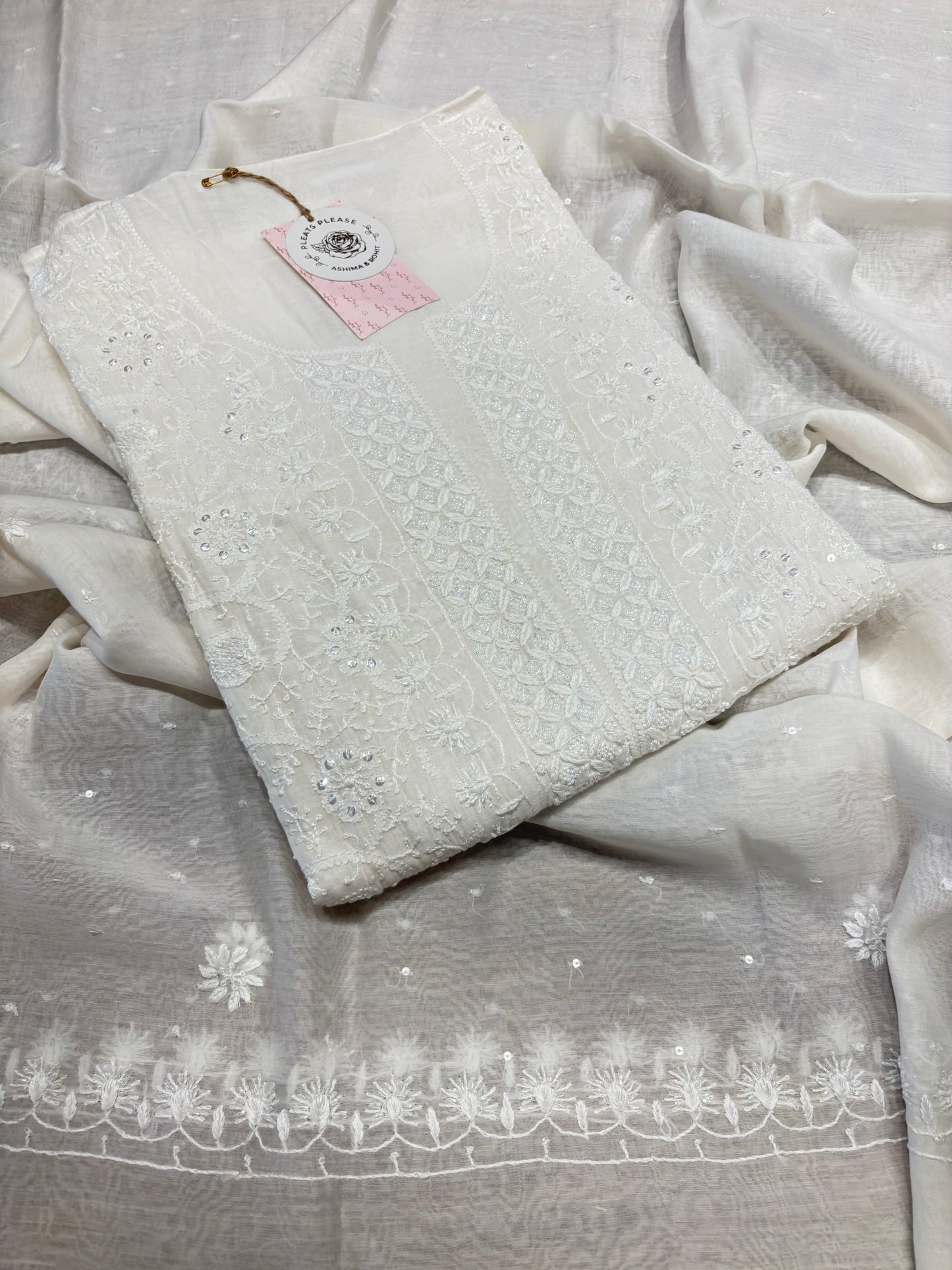 Dyeable Chanderi Mul Chikankari Kurta and Dupatta set