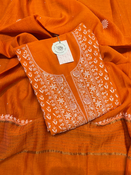 Carrot Orange Chanderi Mul Chikankari Kurta and Dupatta