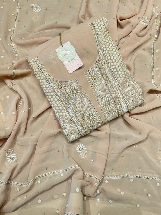 Coffee Cream Pure Georgette Chikankari Kurta And Dupatta Fabric