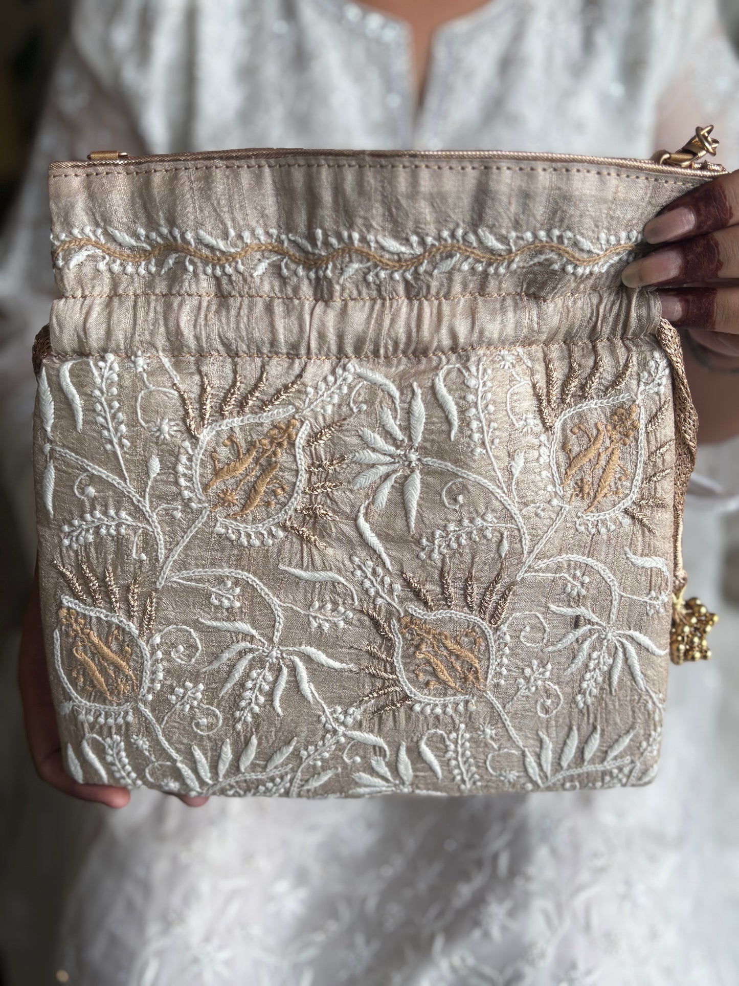 Beige Silk Chikankari Potli