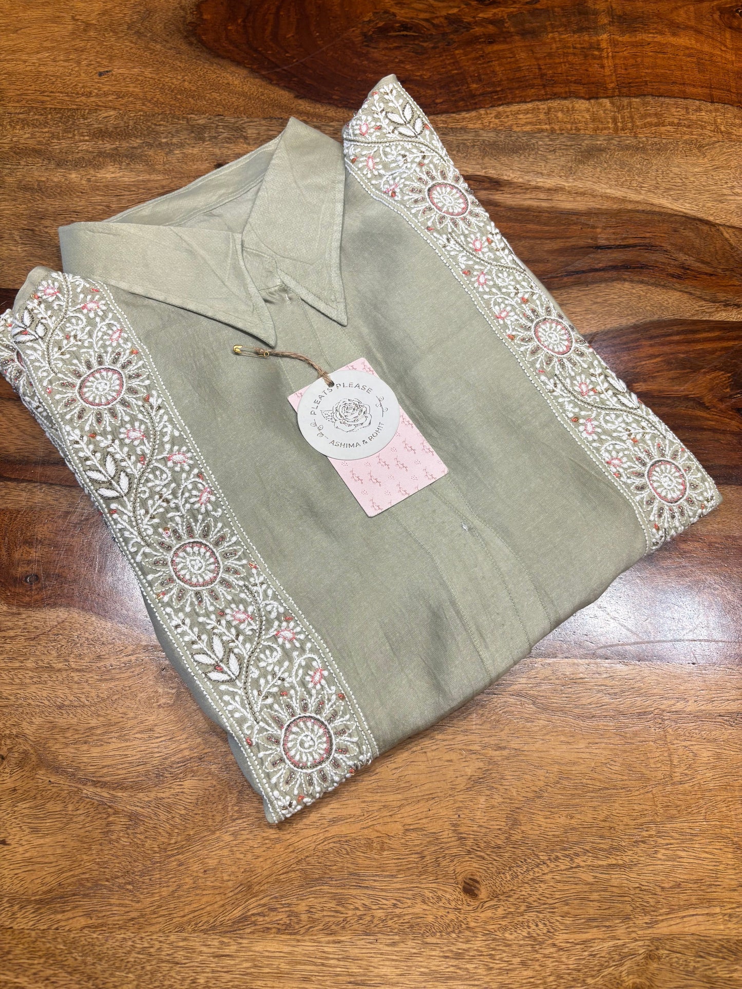 Sage Green Silk Chikankari Shirt