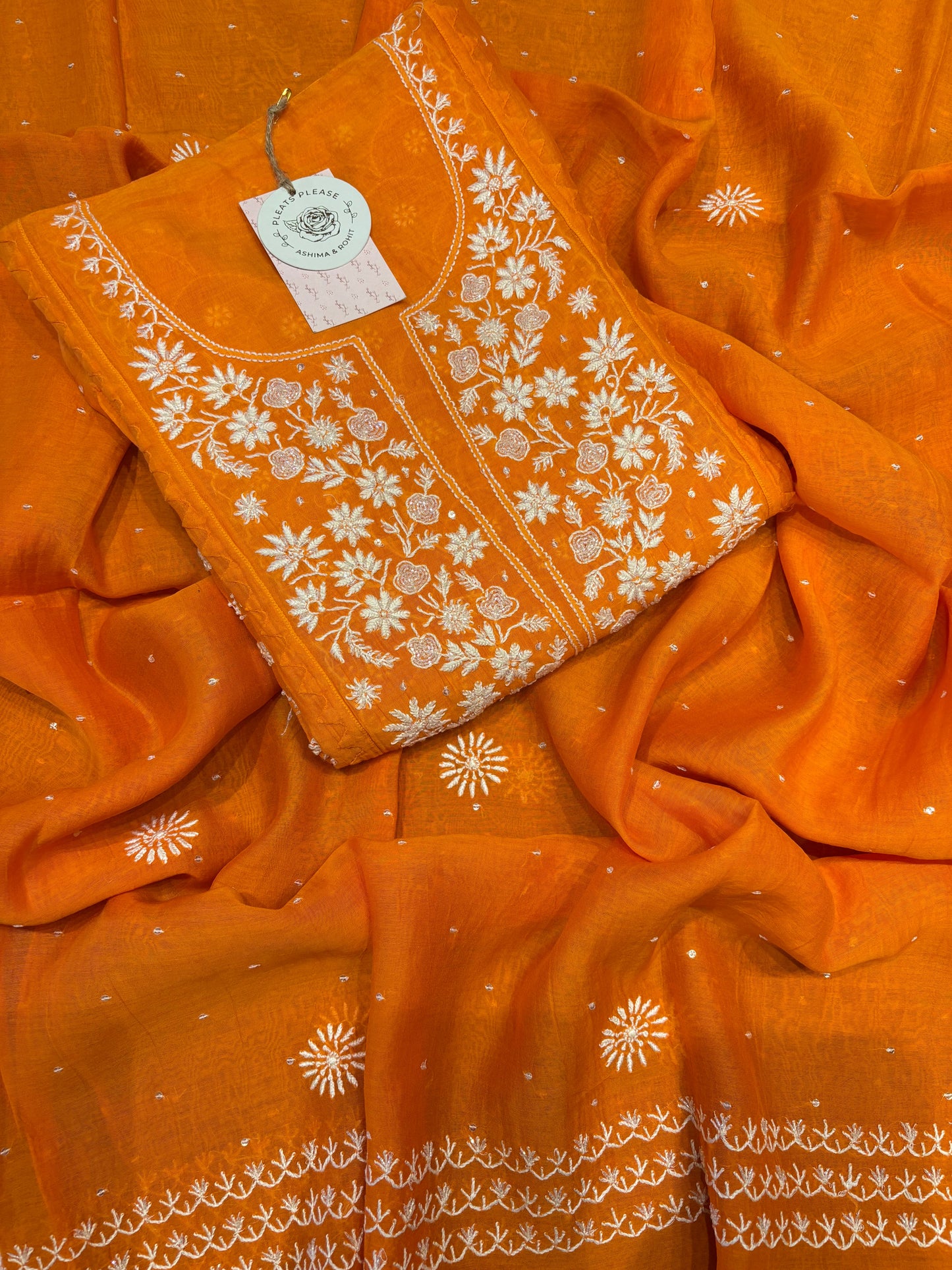Orange Chanderi Mul Chikankari Kurta and Dupatta set