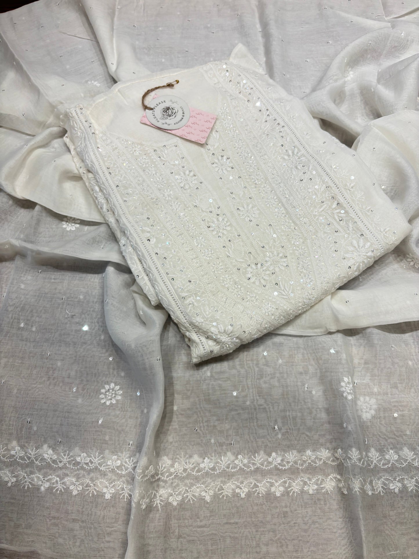 Dyeable Chanderi mul Chikankari Kurta and Dupatta set