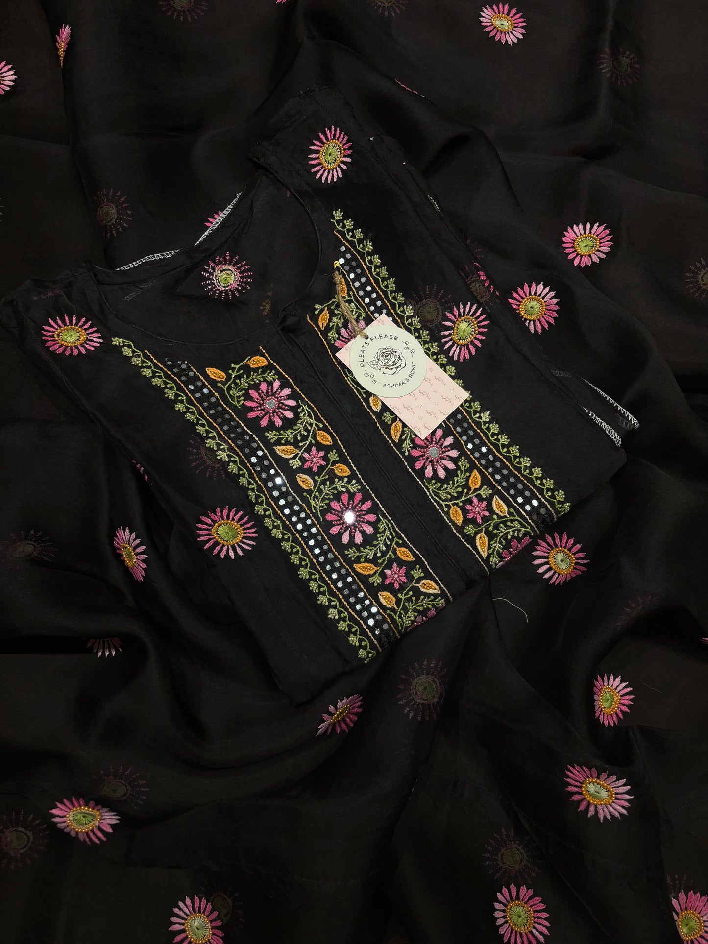 Black Organza Silk Chikankari Kurta and Dupatta