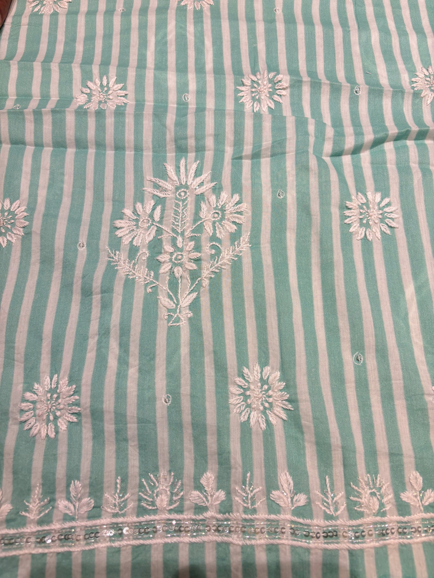 Sea Foam Green Stripe Mul Chikankari Kurta Fabric