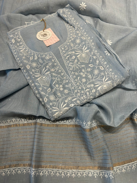 Baby Blue Chanderi Mul Chikankari Kurta and Dupatta