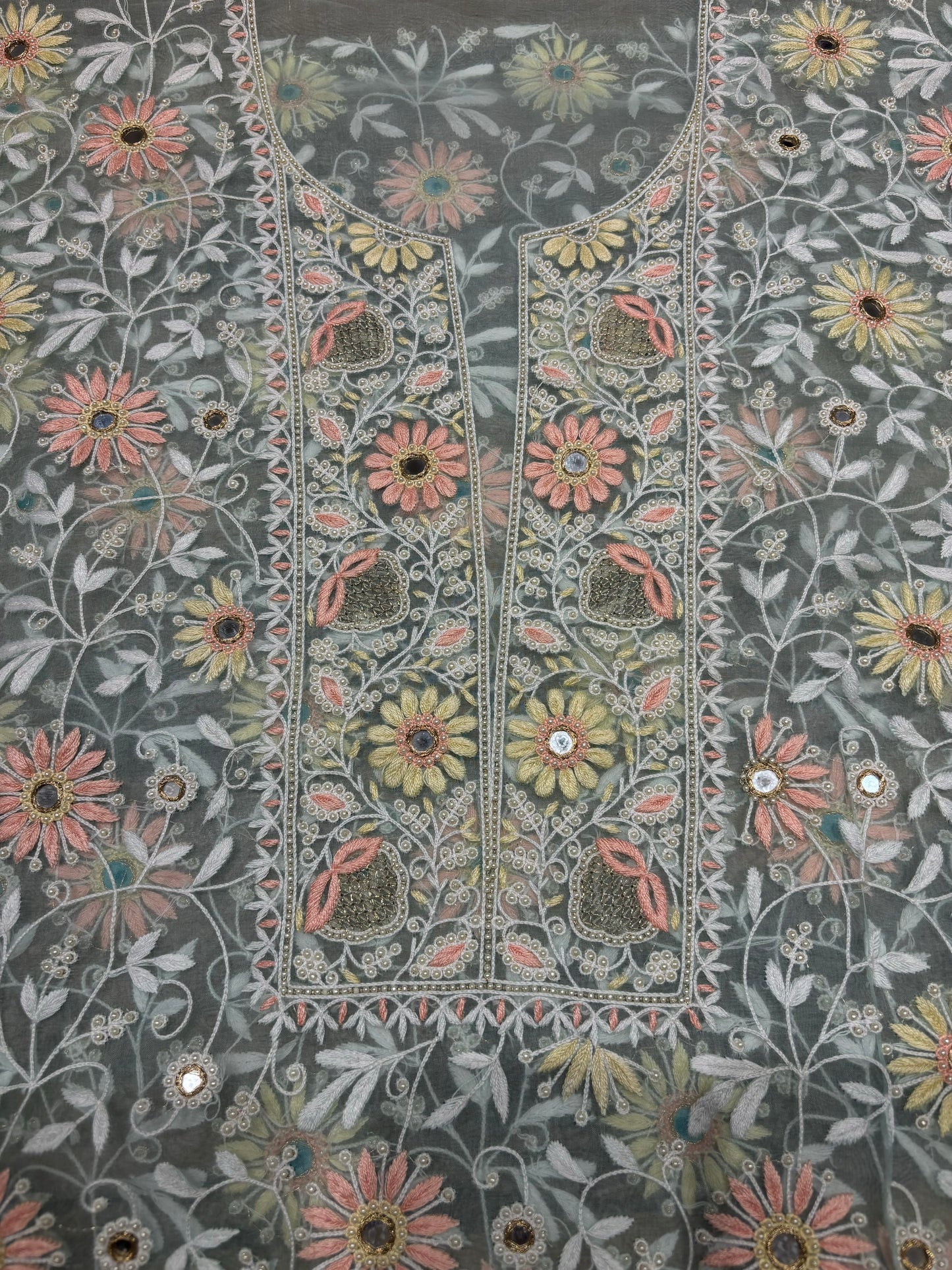 Sea Green Organza Silk Chikankari Kurta and Dupatta Fabric