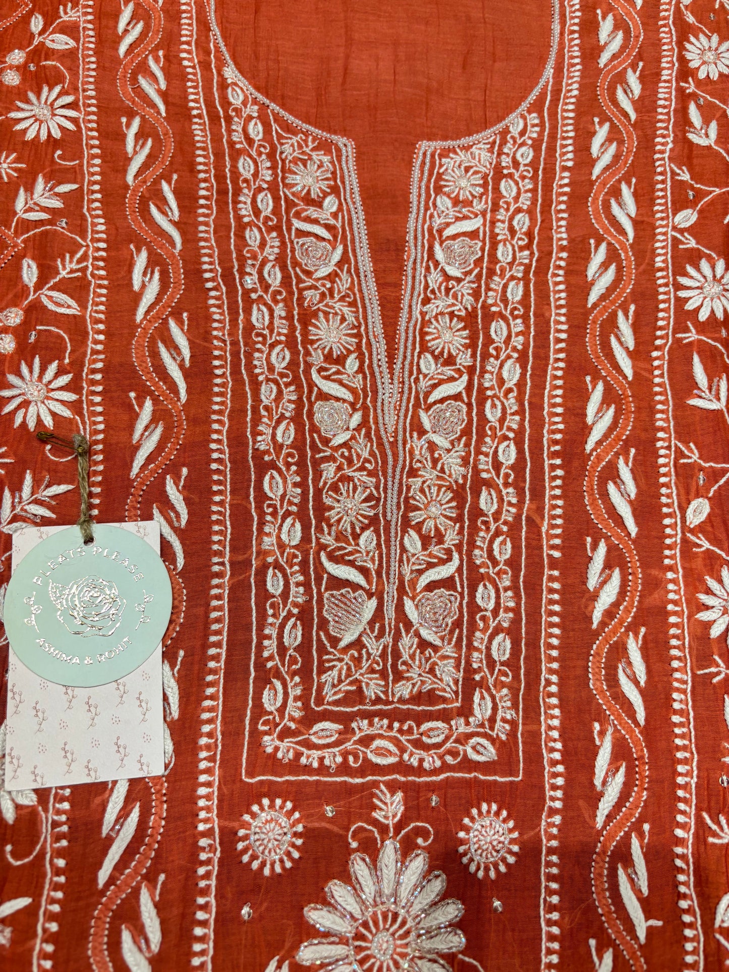 Rust Orange Chanderi Mul Chikankari Kurta And Dupatta Set