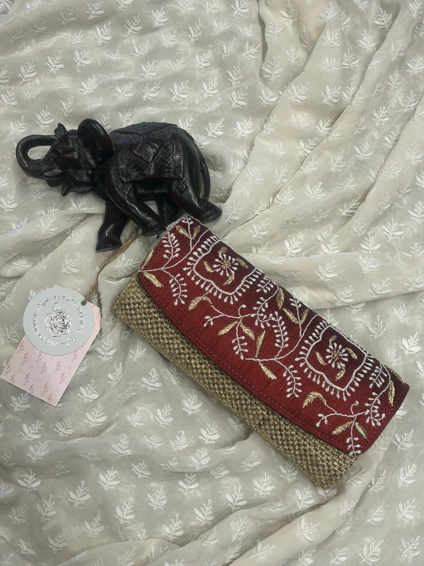 Cranberry Red  Silk Chikankari Clutch Jute  Bag