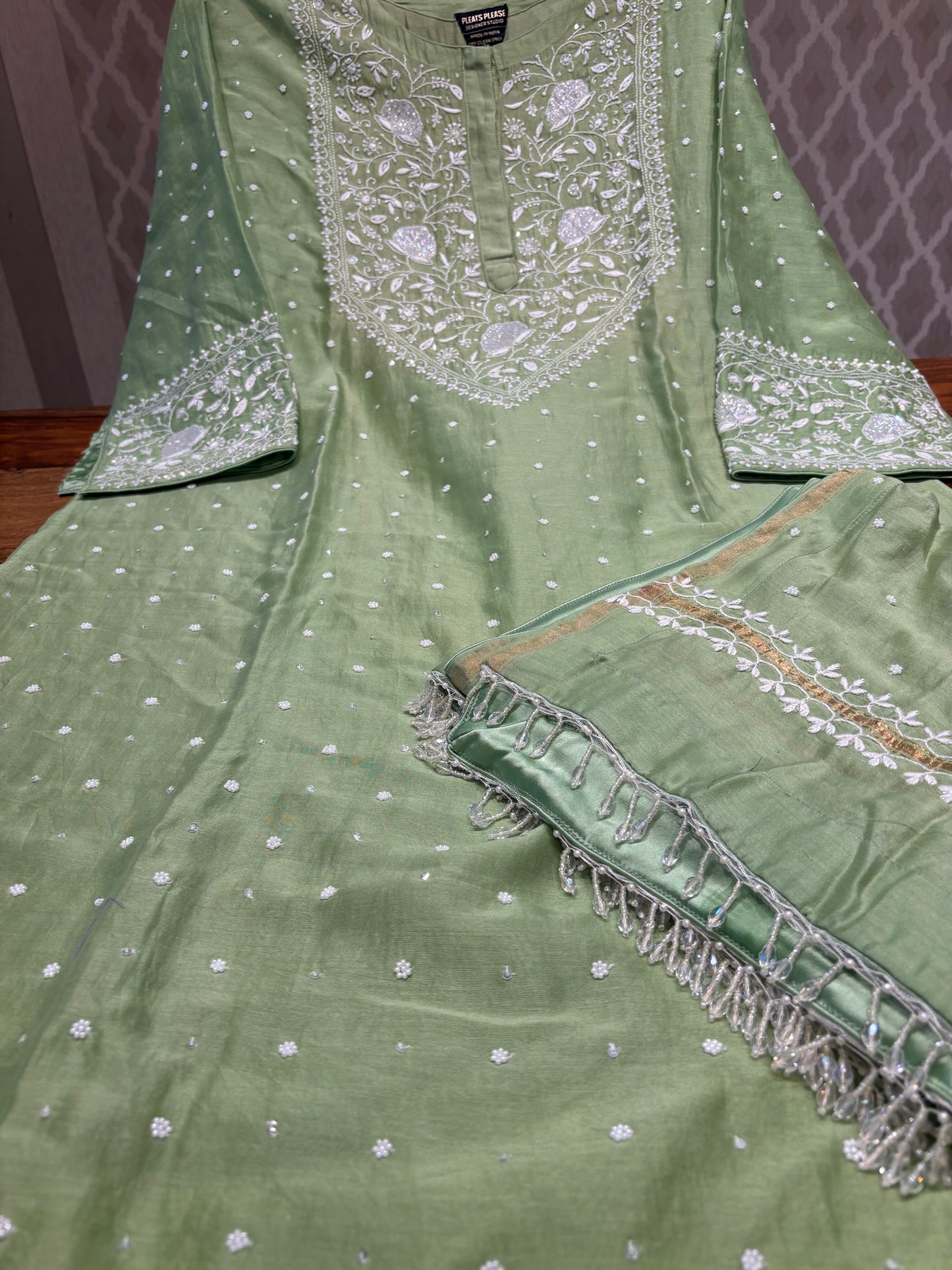 Green Chanderi Silk Chikankari Kurta and dupatta
