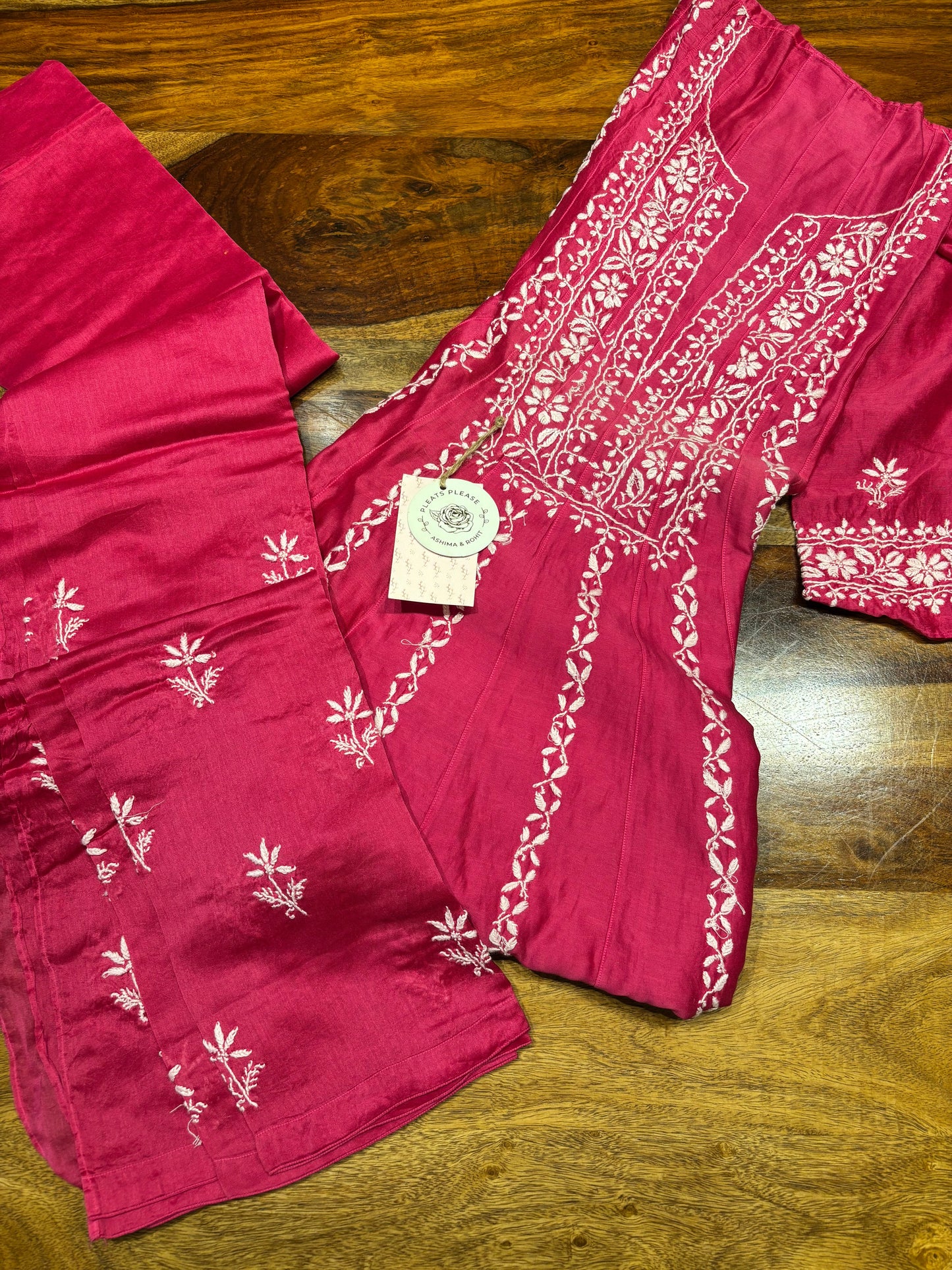 Fuchsia Pink Chanderi Silk Chikankari  Co-ord Set