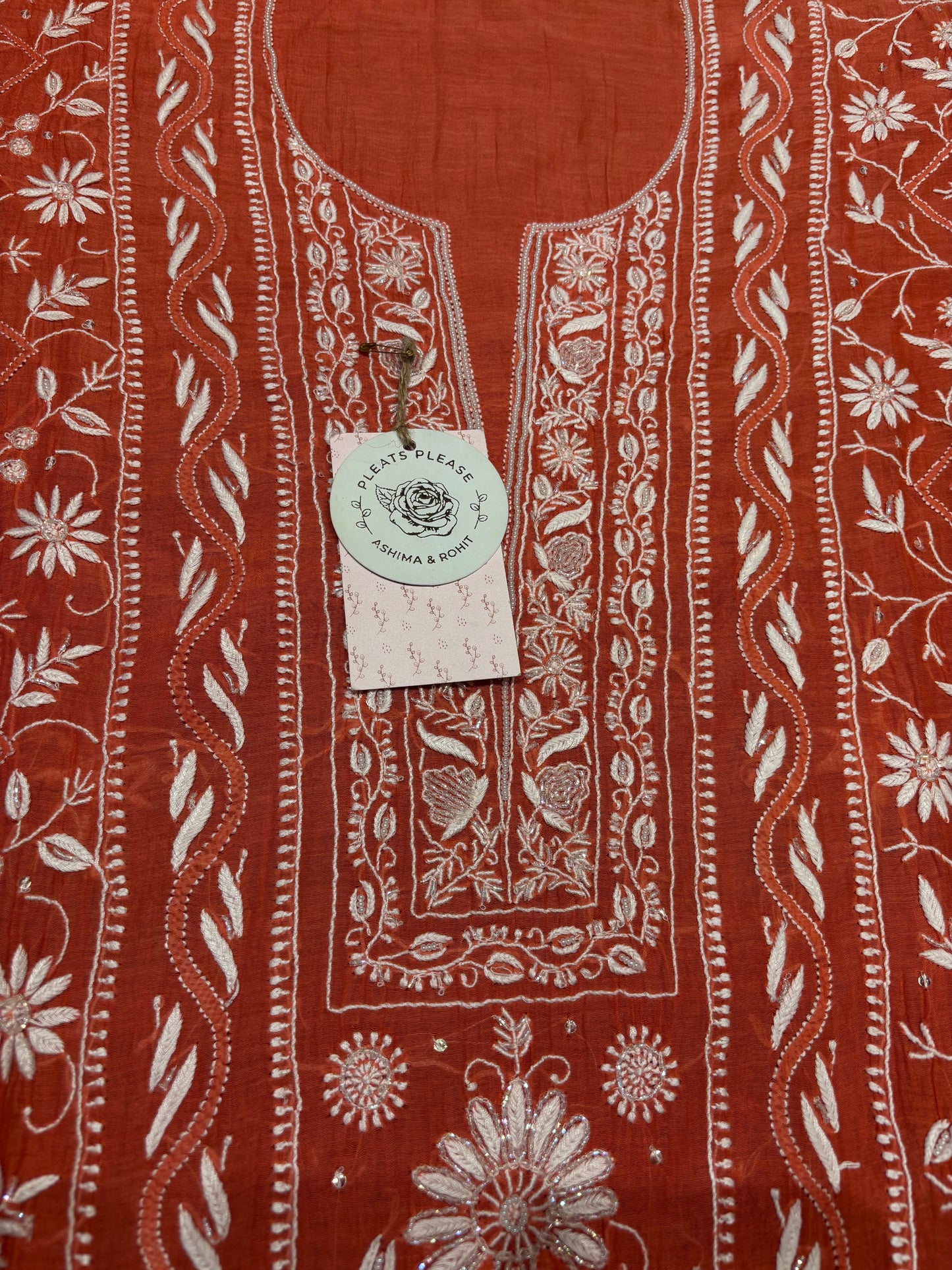 Rust Orange Chanderi Mul Chikankari Kurta And Dupatta Set