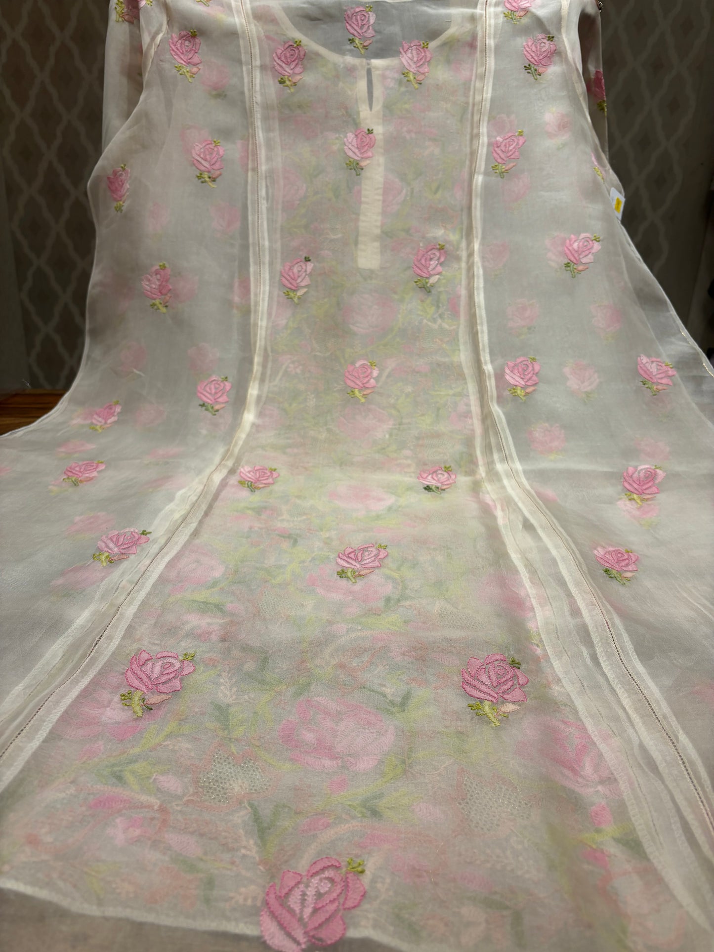 Ivory Organza Silk Chikankari Kurta and Dupatta