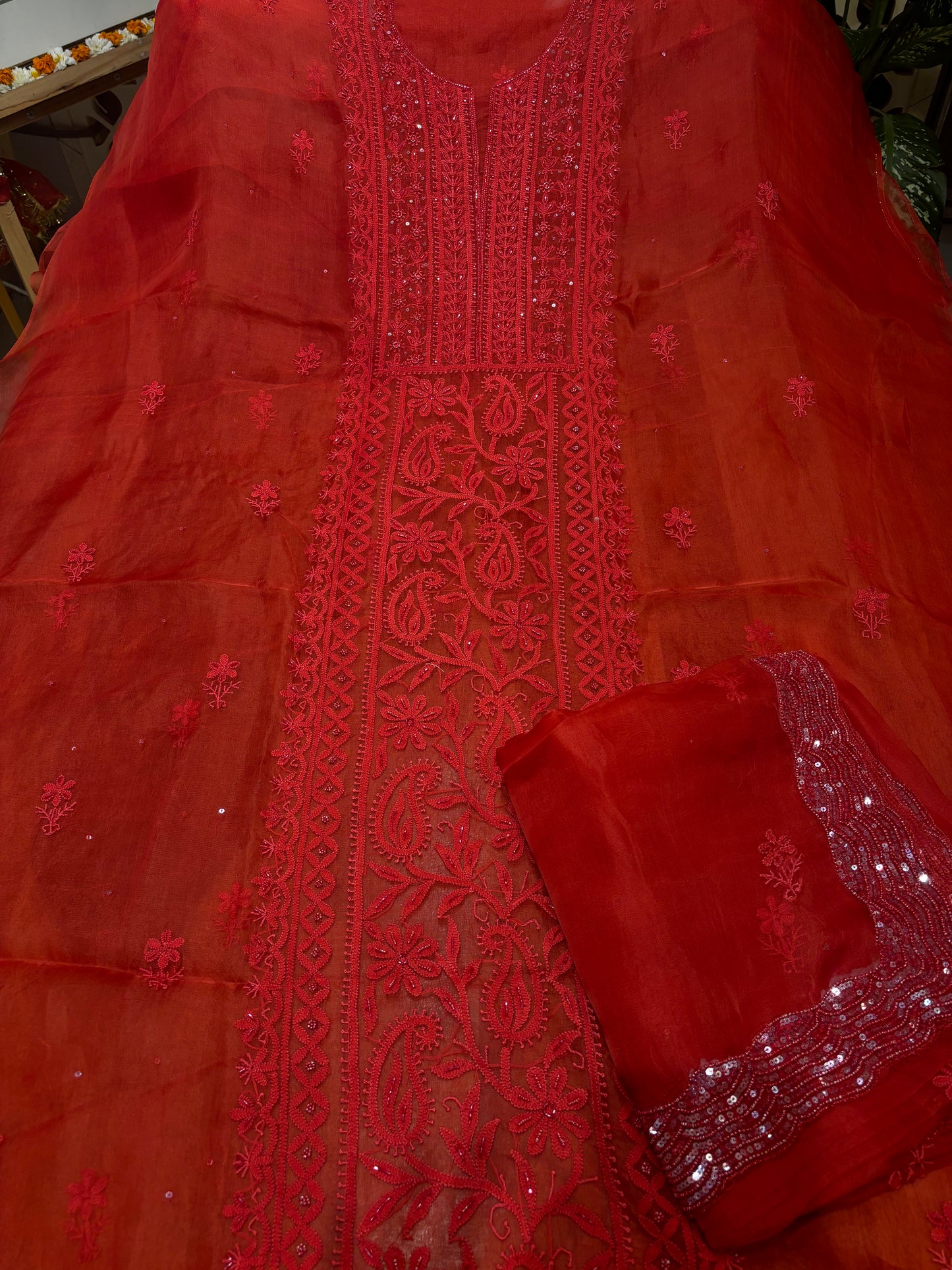 Red Organza Silk Chikankari Kurta and Dupatta Fabric