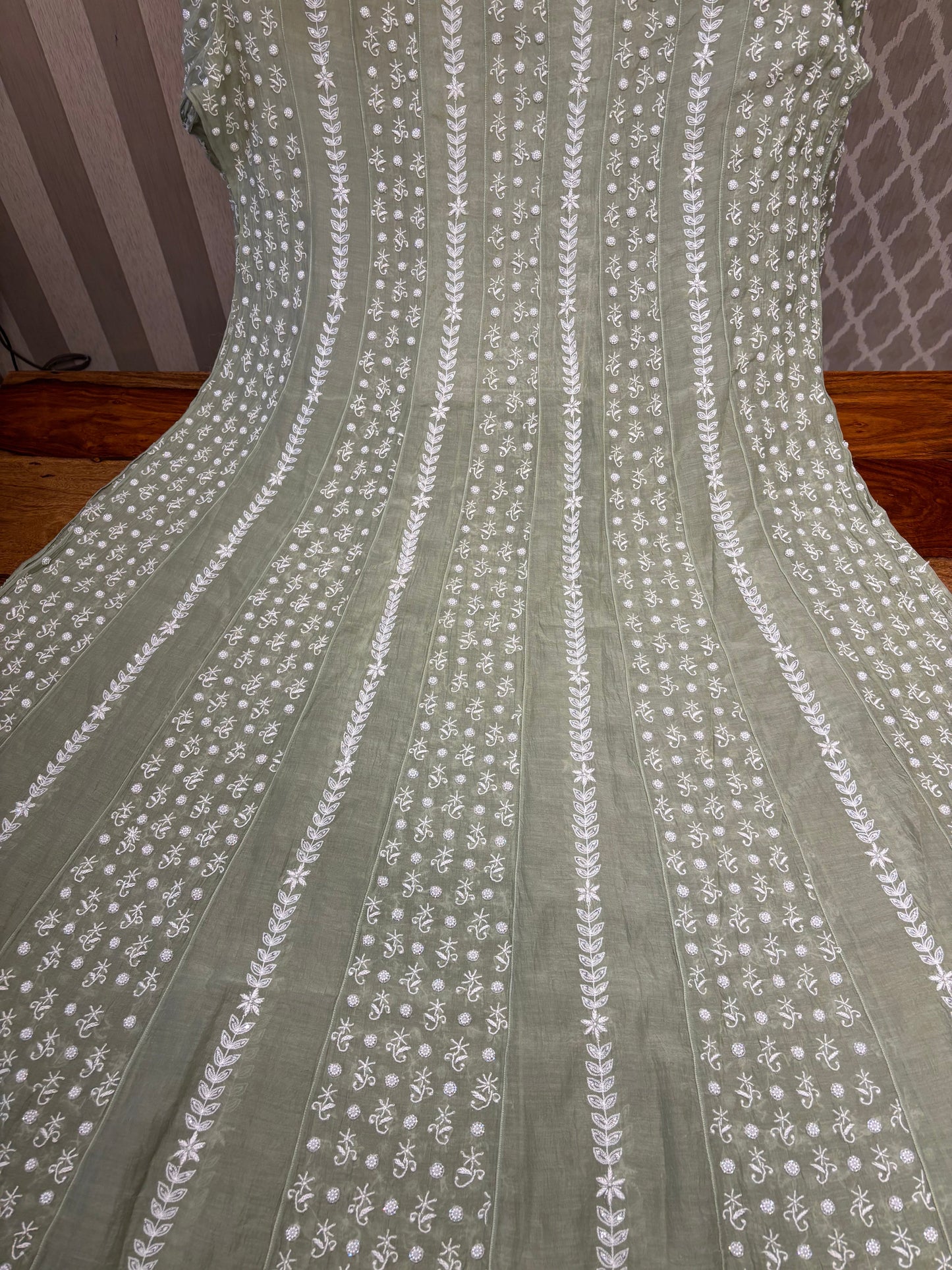 Pastel Olive Chanderi Mul Chikankari Anarkali and Dupatta