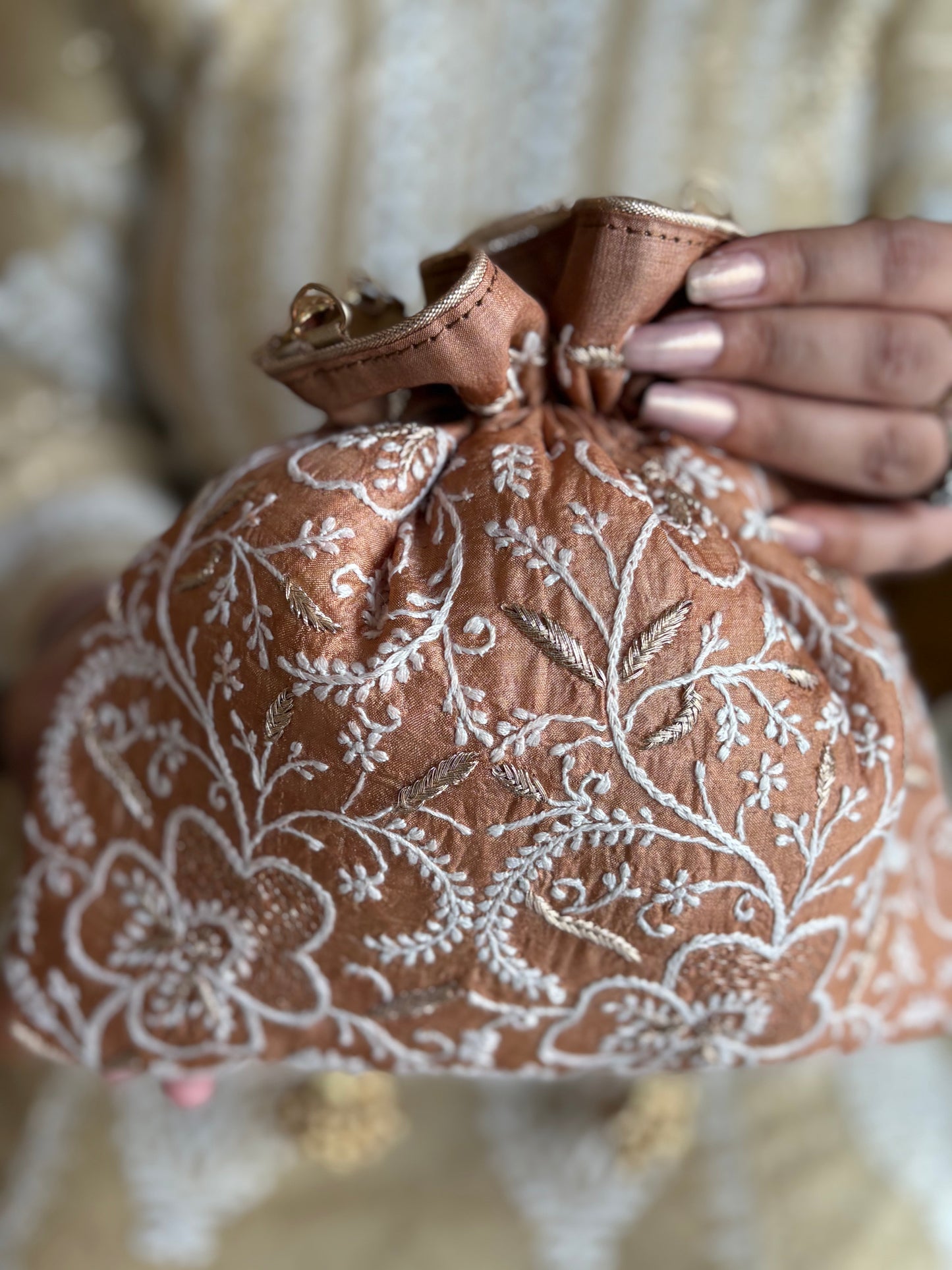 Chocolate Silk Chikankari Potli