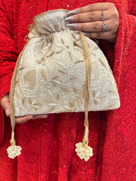 Beige Silk Chikankari Potli